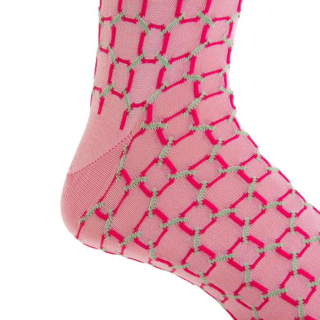 Pink with Rose and Grass Green Circles Cotton Mid-Calf Sock