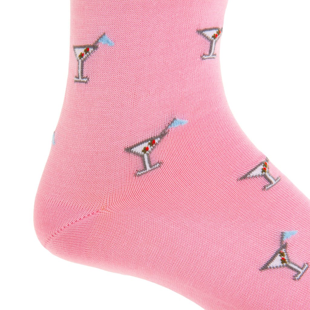 Pink with Olive &amp; Flag Martini Glass Cotton Over-the-Calf Sock