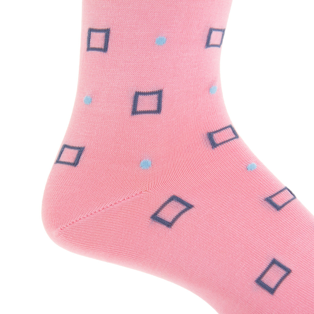 Pink with Indigo and Sky Blue Square and Dot Cotton Mid-Calf Sock