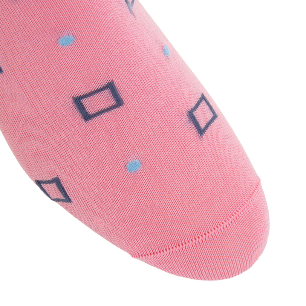 Pink with Indigo and Sky Blue Square and Dot Cotton Mid-Calf Sock