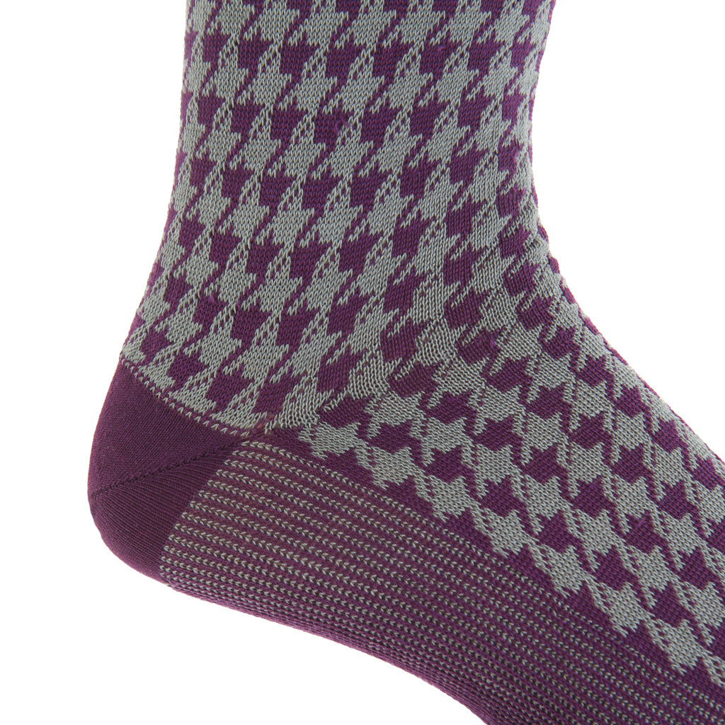 Royal Purple with Steel Gray Large Houndstooth Cotton Over-the-Calf Sock