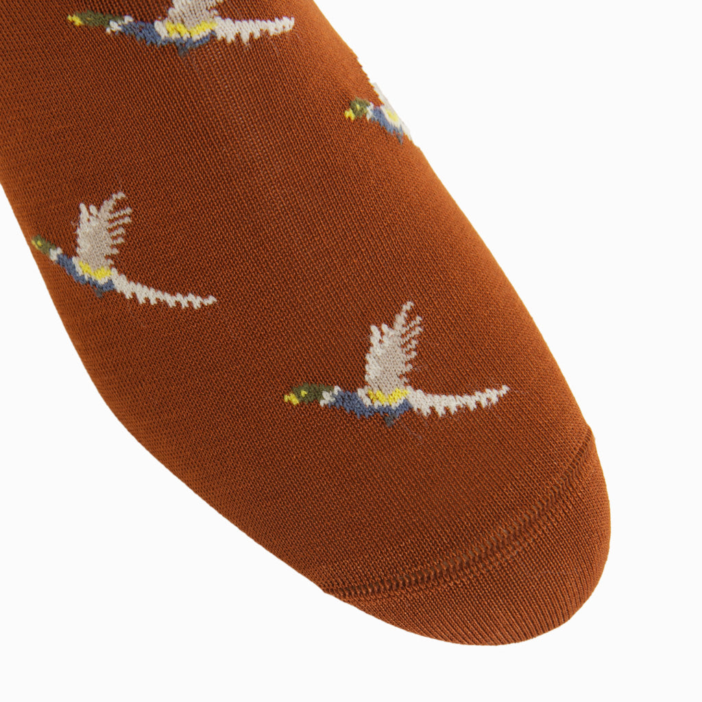 Whiskey Brown with Indigo Pheasant Cotton Mid-Calf Sock