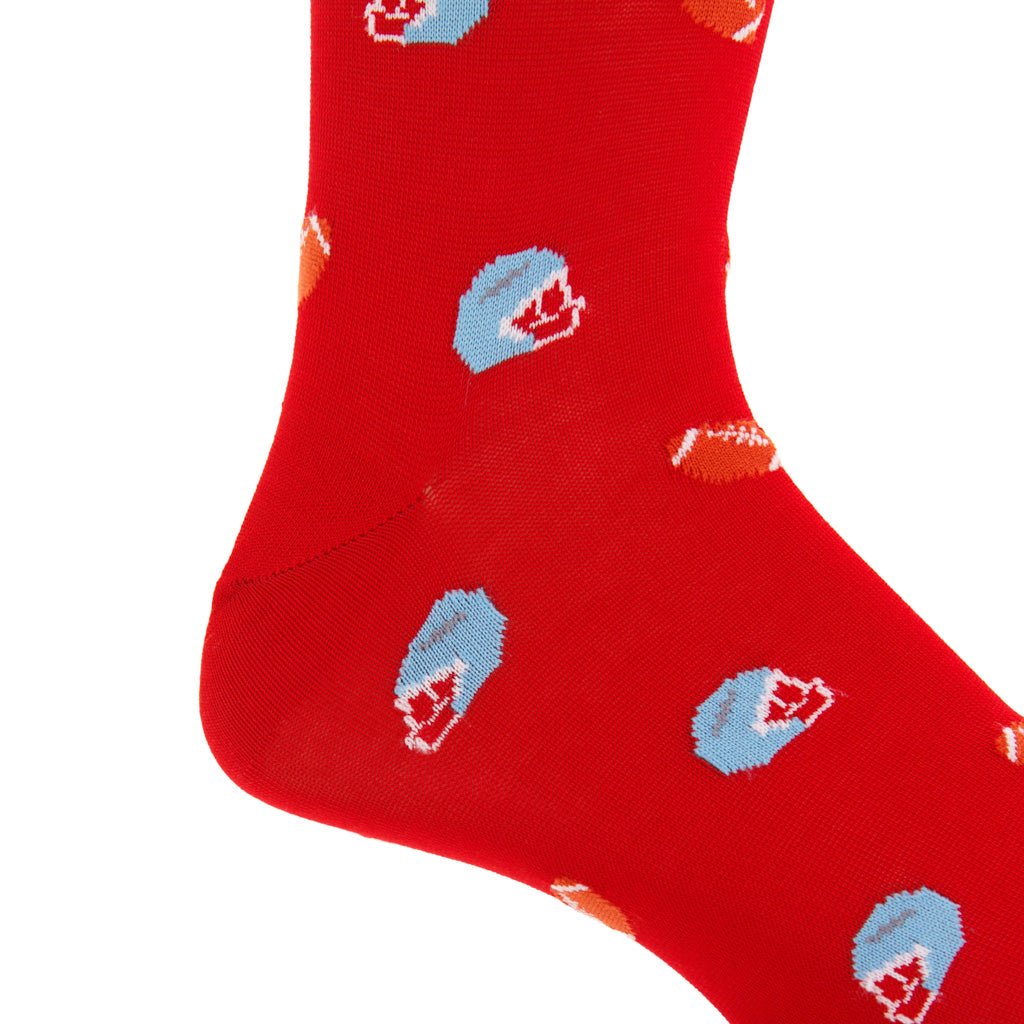 Red with Sky Blue and Burnt Orange Helmet and Football Cotton Mid-Calf Sock