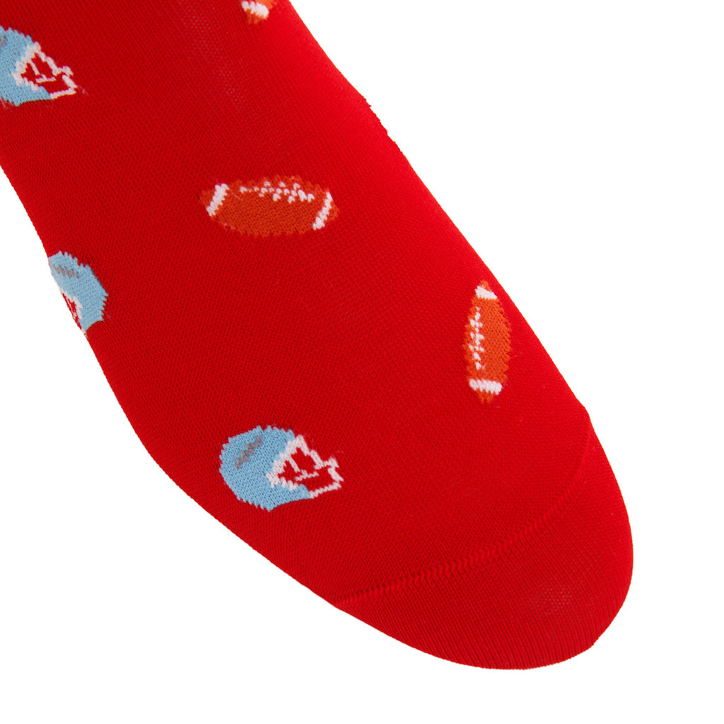 Red with Sky Blue and Burnt Orange Helmet and Football Cotton Mid-Calf Sock