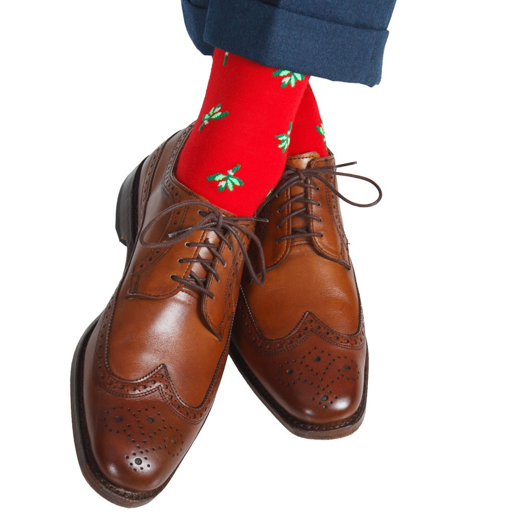Red with Mistletoe Fine Merino Wool Over-the-Calf Sock
