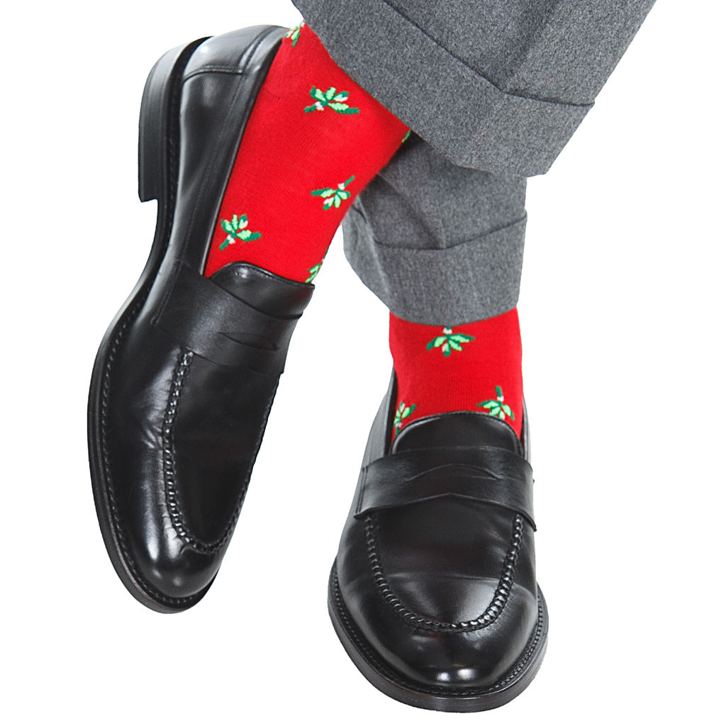 Red with Mistletoes Fine Merino Wool Mid-Calf Sock