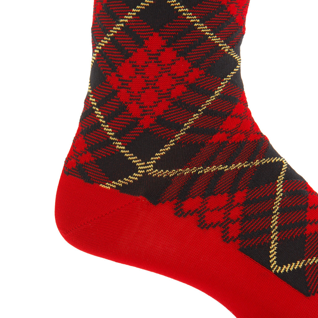 Red with Black and Yellow Tartan Cotton Mid-Calf Sock
