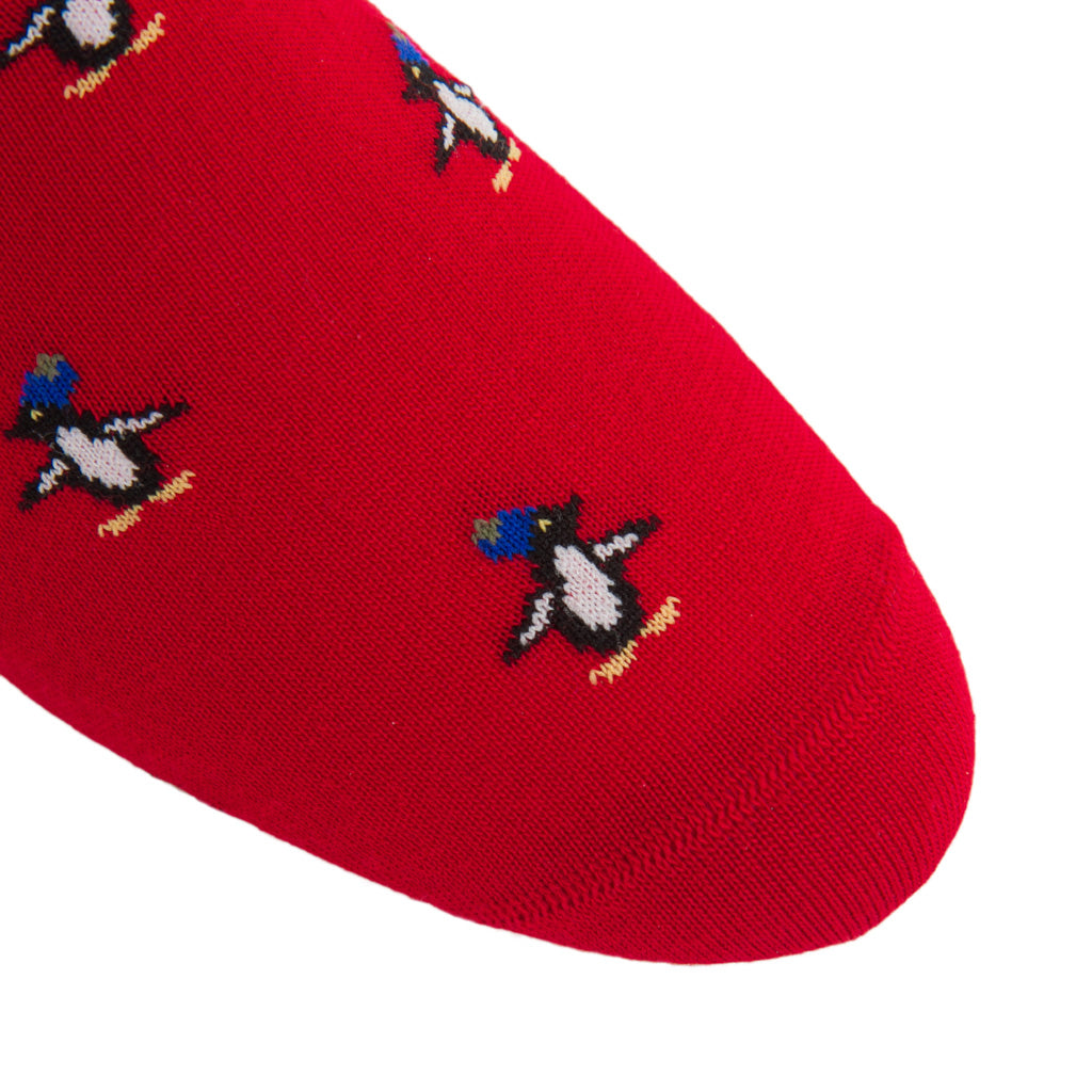 Red with Clematis Blue, Black, and White Penguin Cotton Over-the-Calf Sock