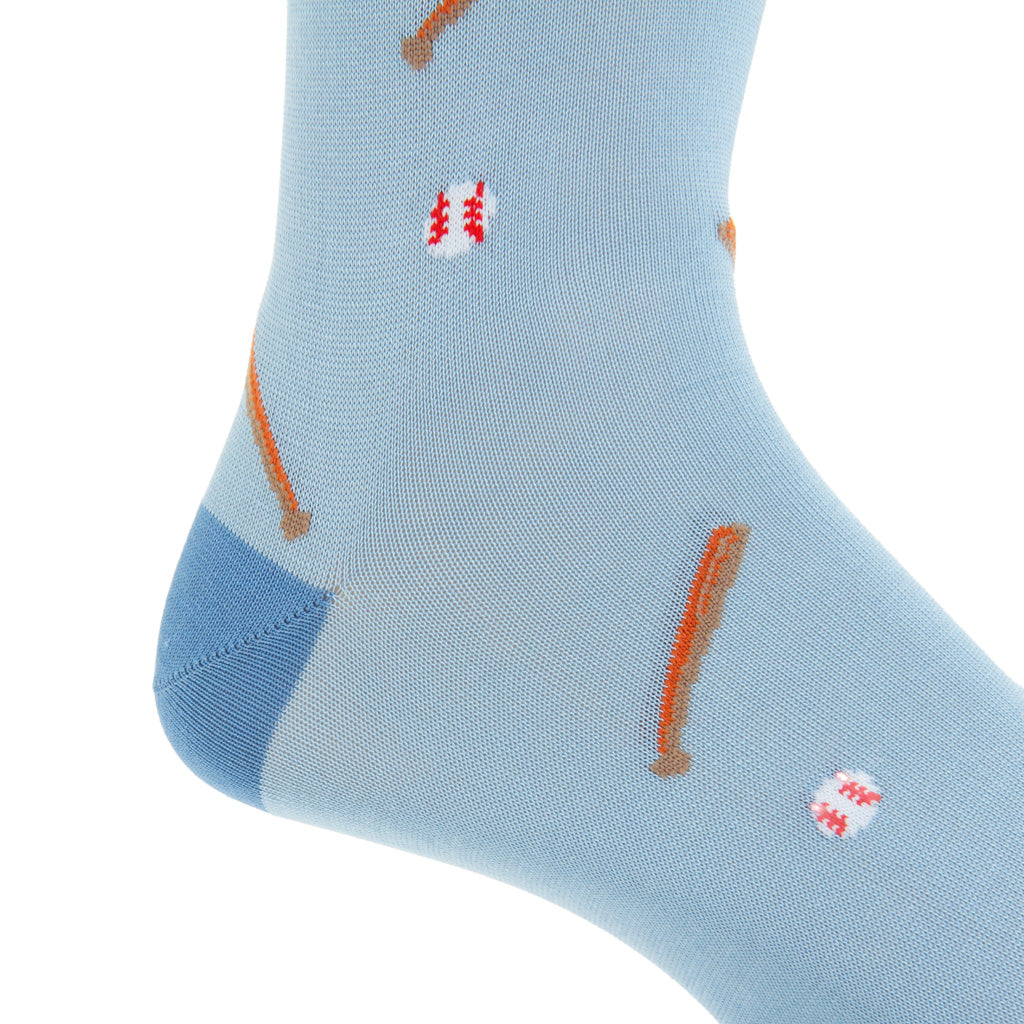 Sky Blue and Azure Tipping with Baseball &amp; Bats Cotton Over-the-Calf Sock