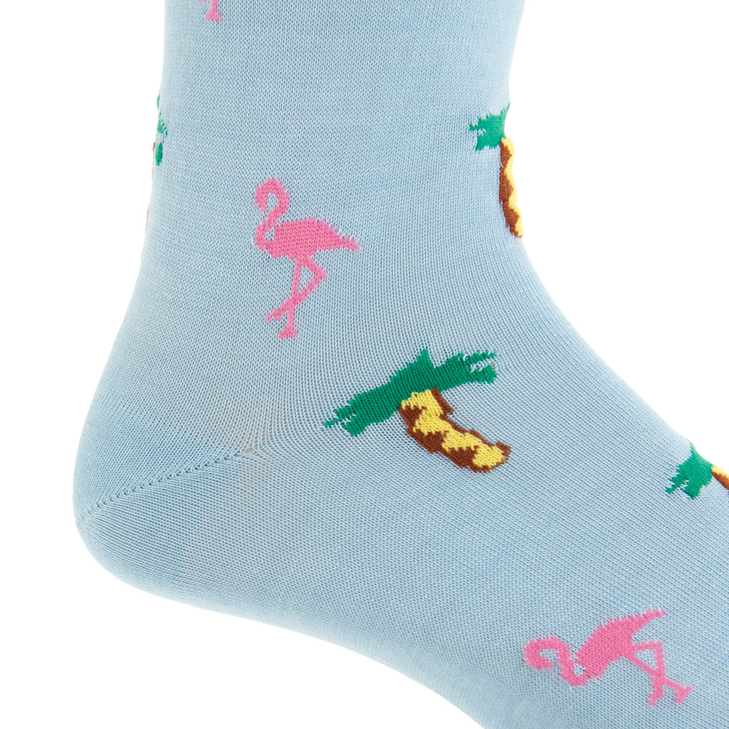 Sky Blue with Rose Flamingo and Palm Trees Cotton Over-the-Calf Sock