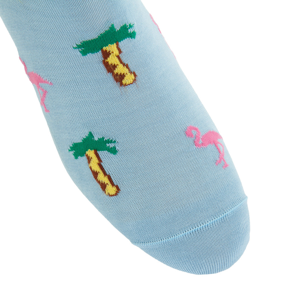 Sky Blue with Rose Flamingo and Palm Trees Cotton Over-the-Calf Sock