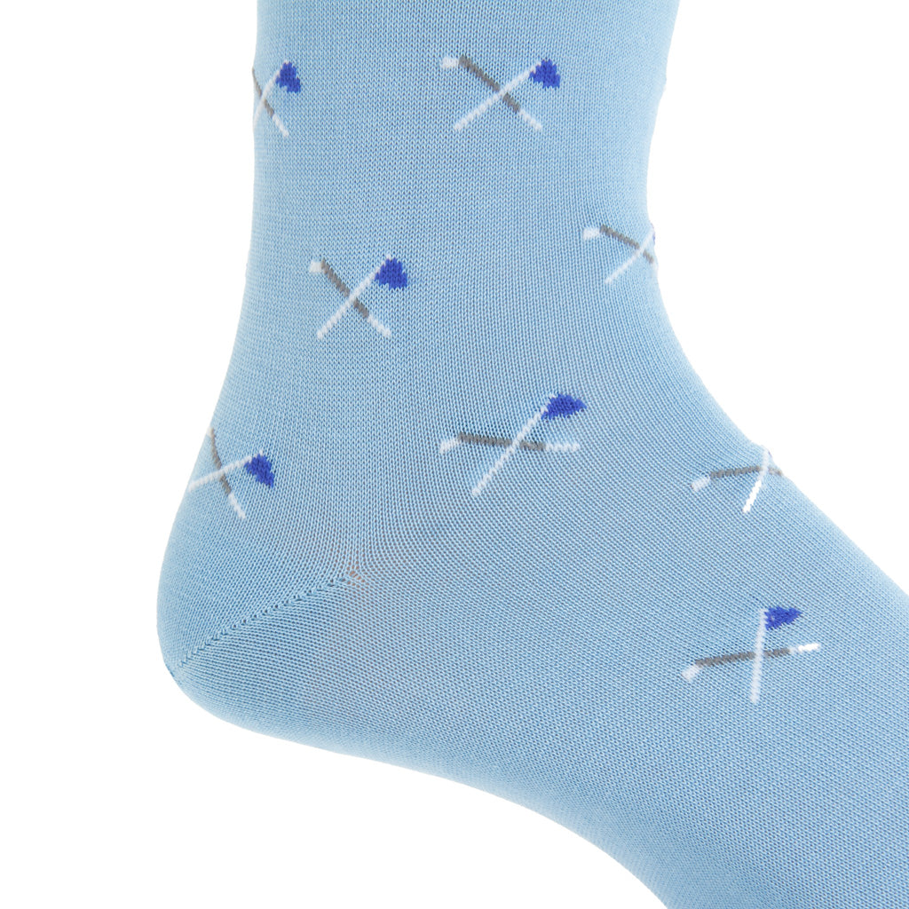 Sky Blue with Crossed Golf Club &amp; Clematis Flag Cotton Mid-Calf Sock