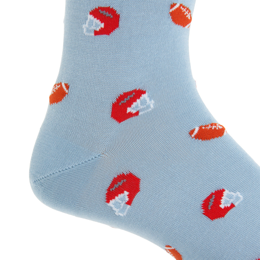 Sky Blue with Red Helmet and Football Cotton Mid-Calf Sock