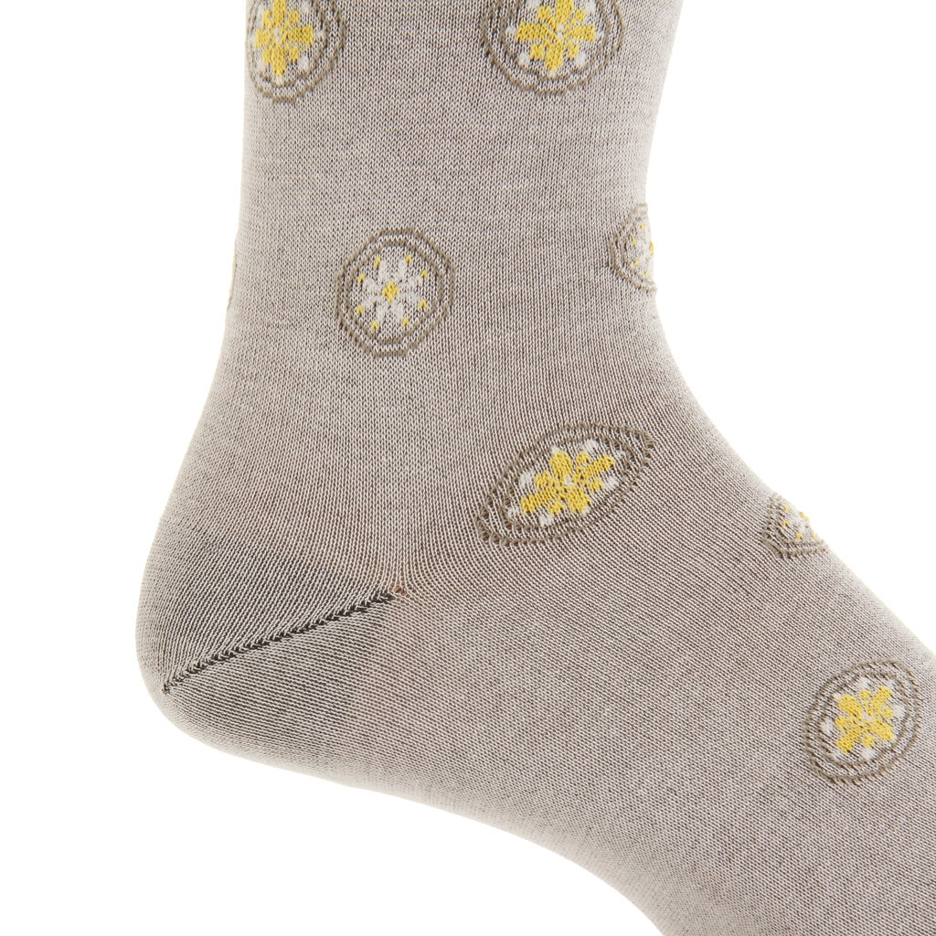 Mélange with Taupe, Cream, and Lemon Neat Medallions Cotton Mid-Calf Sock