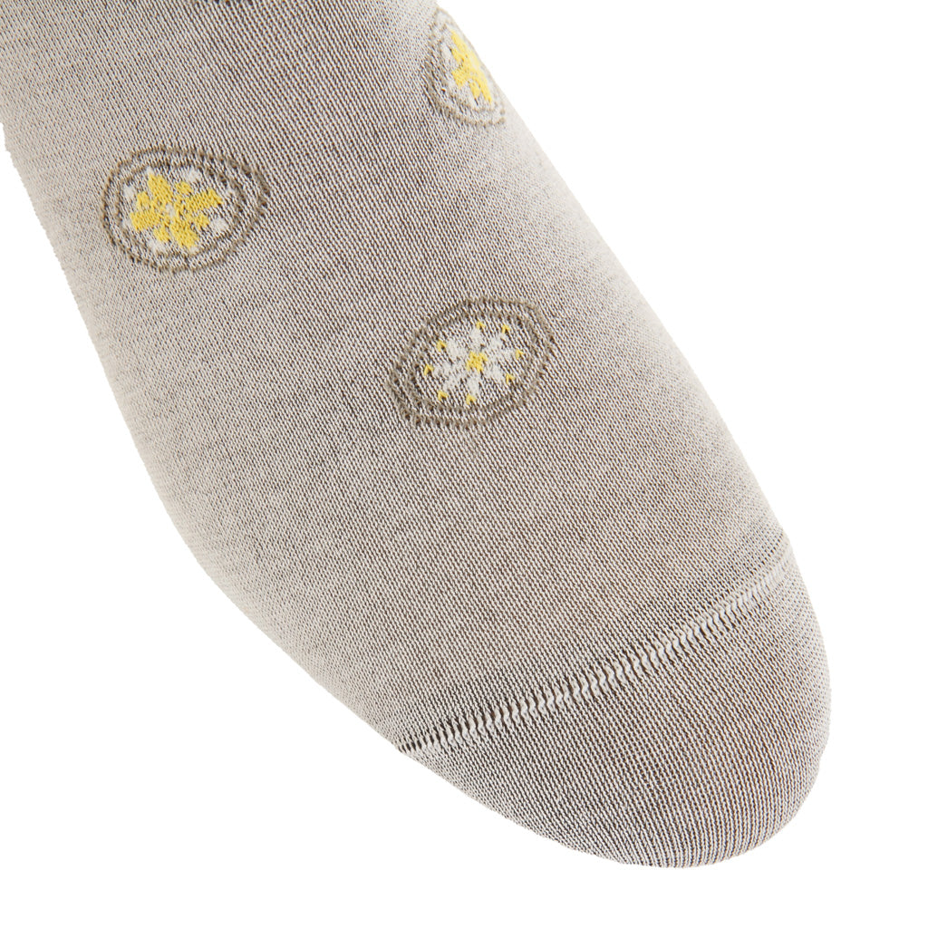 Mélange with Taupe, Cream, and Lemon Neat Medallions Cotton Mid-Calf Sock