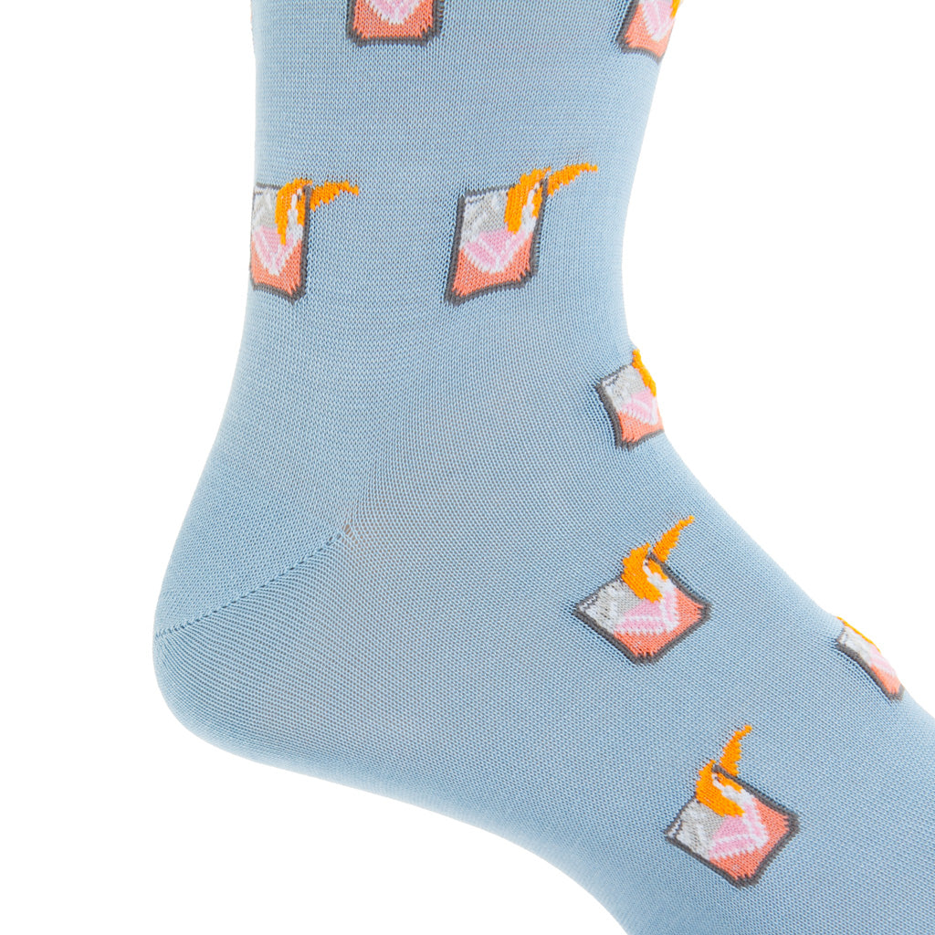 Sky Blue with Orange Negroni Drink Cotton Mid-Calf Sock