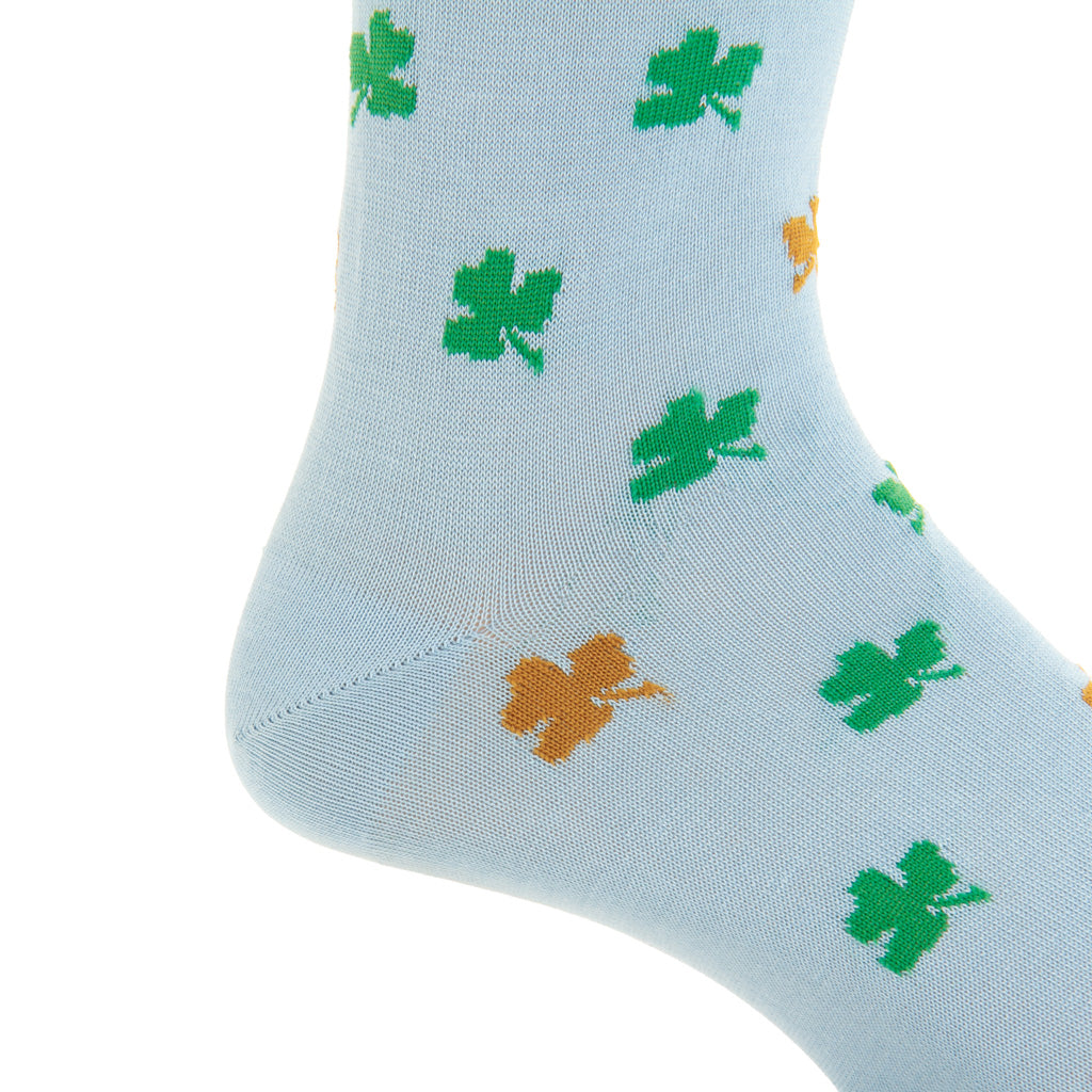 Sky Blue with Green and Gold Shamrock Cotton Mid-Calf Sock