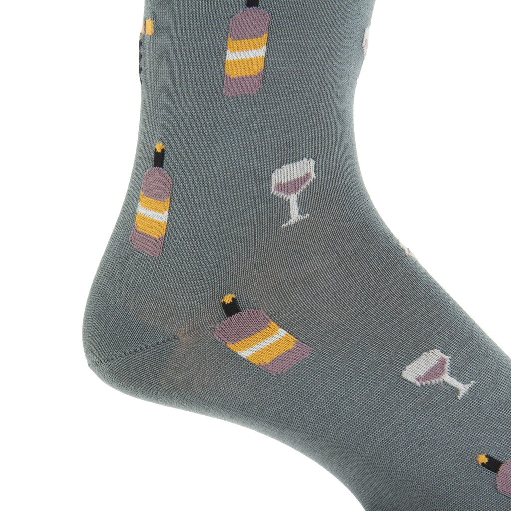 Steel with Wine Glass, Bottle, and Corkscrew Cotton Mid-Calf Sock