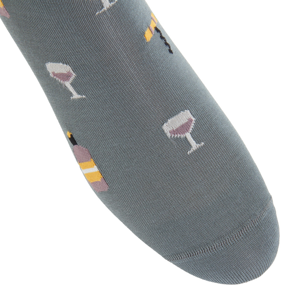 Steel with Wine Glass, Bottle, and Corkscrew Cotton Over-the-Calf Sock