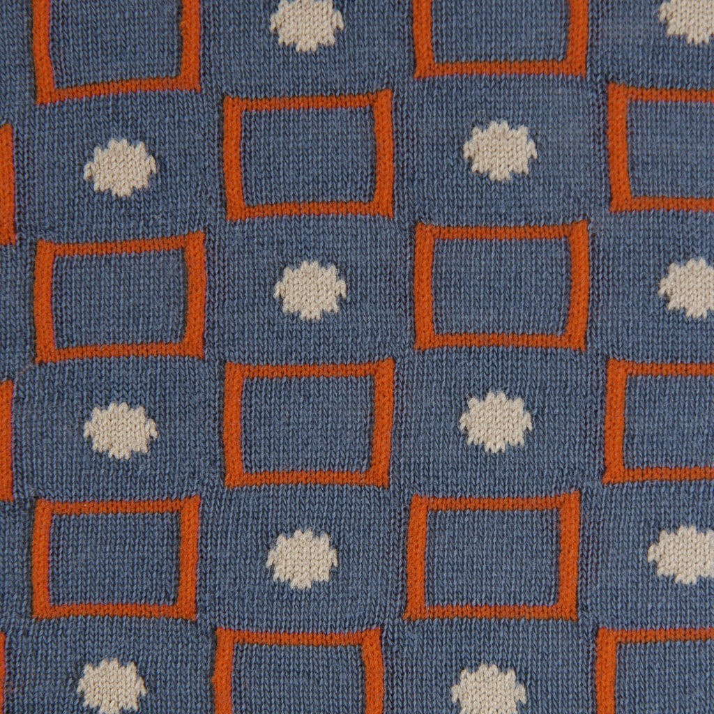 Bay Blue with Red Orange and Taupe Square and Dot Fine Merino Wool Mid-Calf Sock