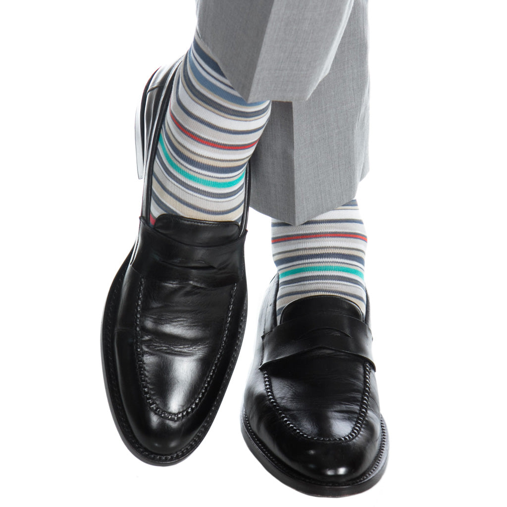 Orange-Rose-Gray-Blue-Green-Tan-Striped-Cotton-Sock
