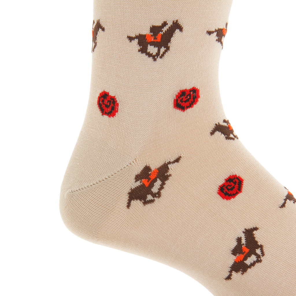 Tan with Orange Jockey and Red Rose Cotton Mid-Calf Sock
