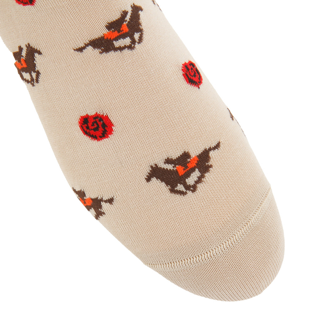 Tan with Orange Jockey and Red Rose Cotton Mid-Calf Sock