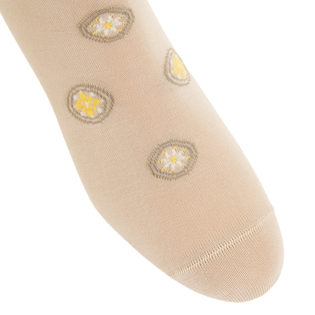Tan with Cream, Taupe, and Saffron Neat Medallion Cotton Over-the-Calf Sock