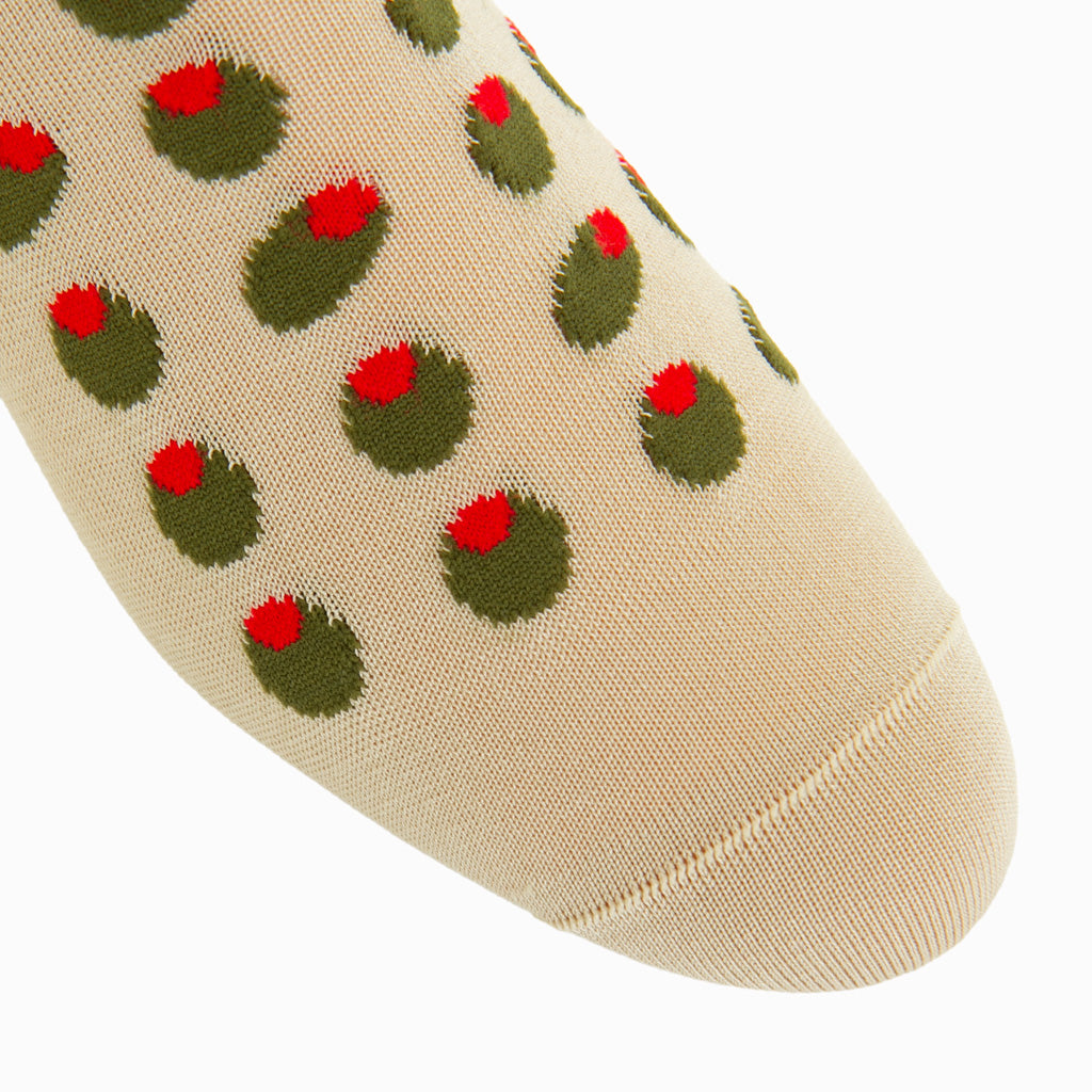 Tan with Forest Green and Red Olive Cotton Mid-Calf Sock