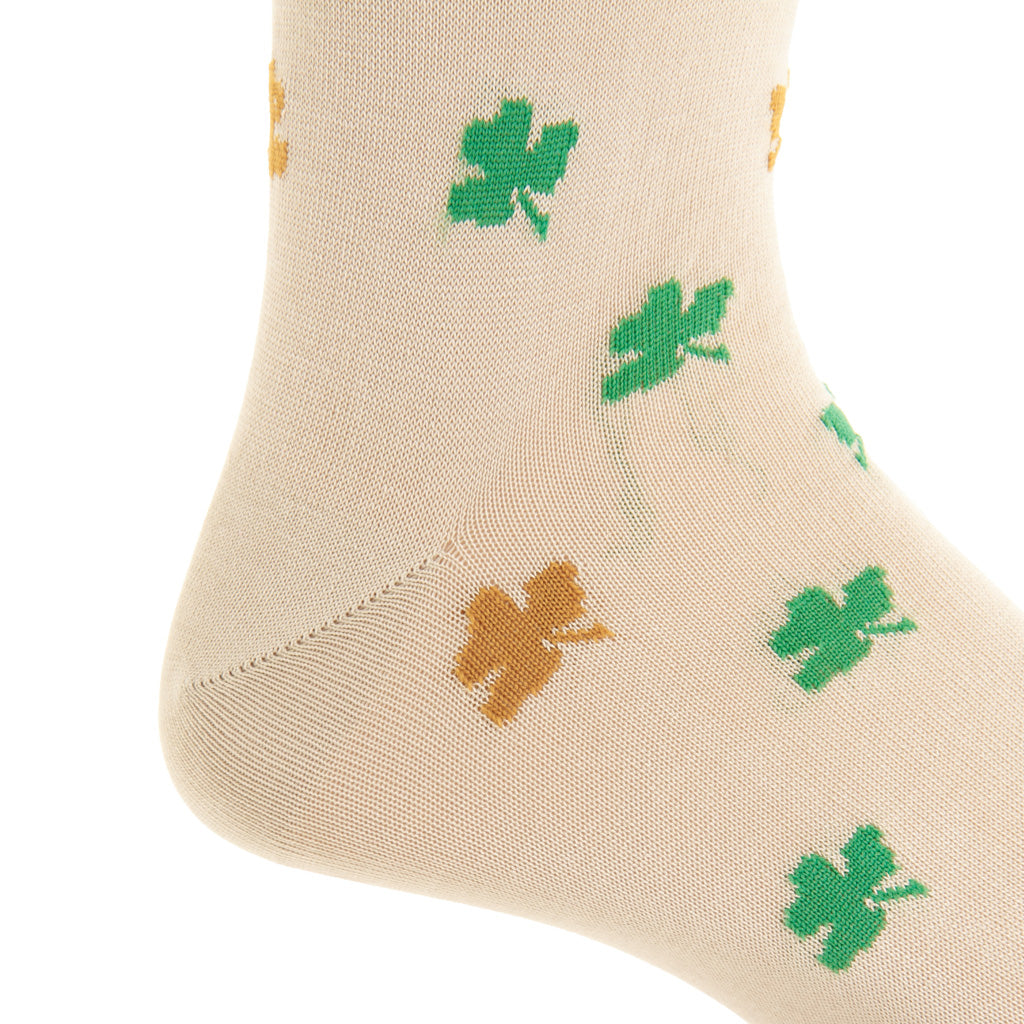 Tan with Green and Gold Shamrock Cotton Mid-Calf Sock