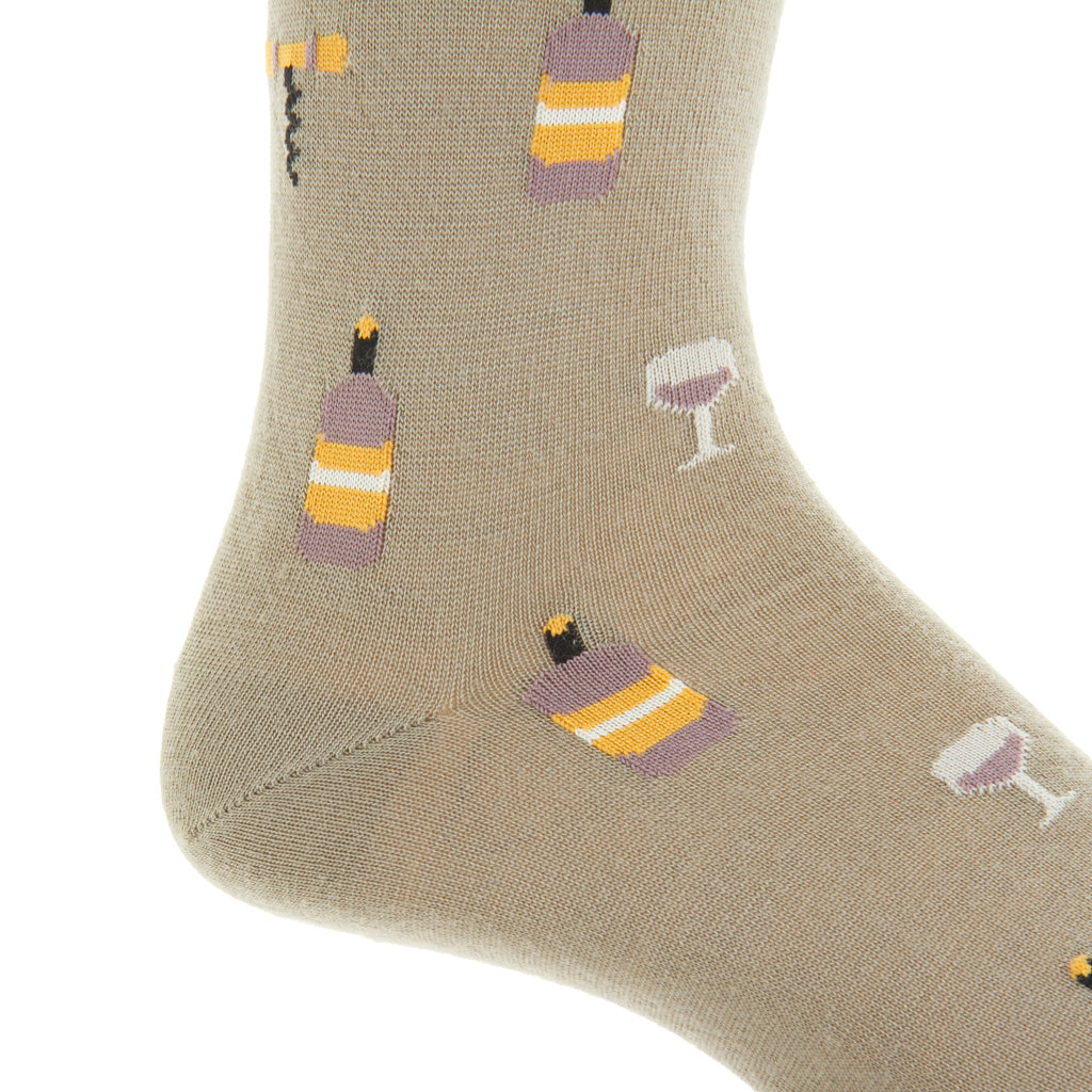 Taupe with Wine Glass, Bottle, and Corkscrew Fine Merino Wool Over-the-Calf Sock