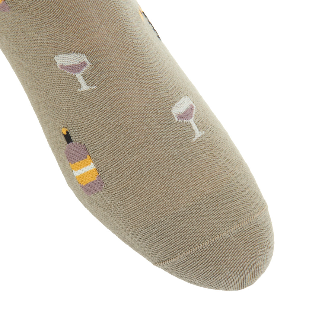 Taupe with Wine Glass, Bottle, and Corkscrew Fine Merino Wool Over-the-Calf Sock