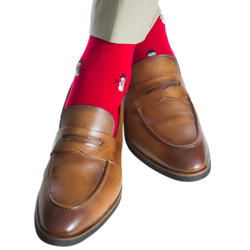 Red with Snowmen Fine Merino Wool Over-the-Calf Sock
