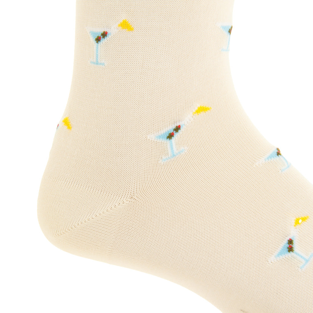Cream with Olive &amp; Flag Martini Glass Cotton Mid-Calf Sock