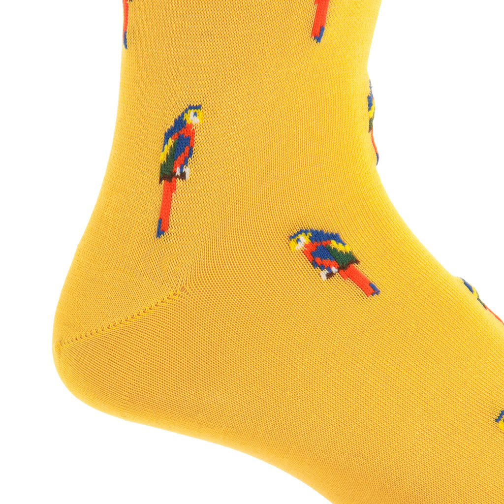 Yellow with Parrots Fine Cotton Mid-Calf Sock