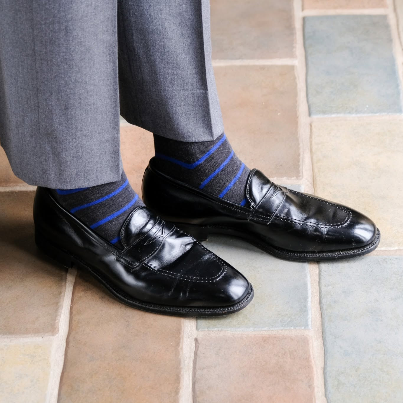 Charcoal with Cobalt Blue Stripe Fine Merino Wool Over-the-Calf Sock 5-9