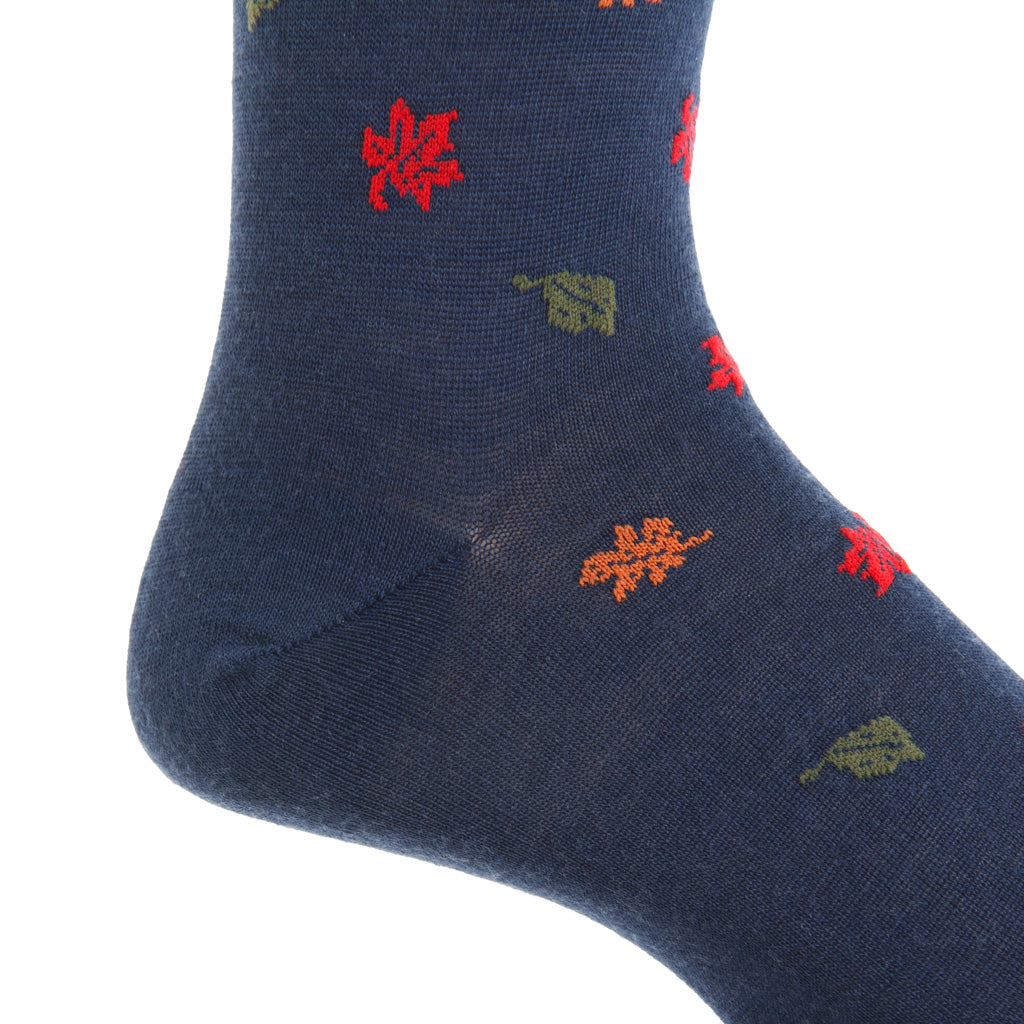 Dress Navy with Fox &amp; Falling Leaves Fine Merino Wool Mid-Calf Sock