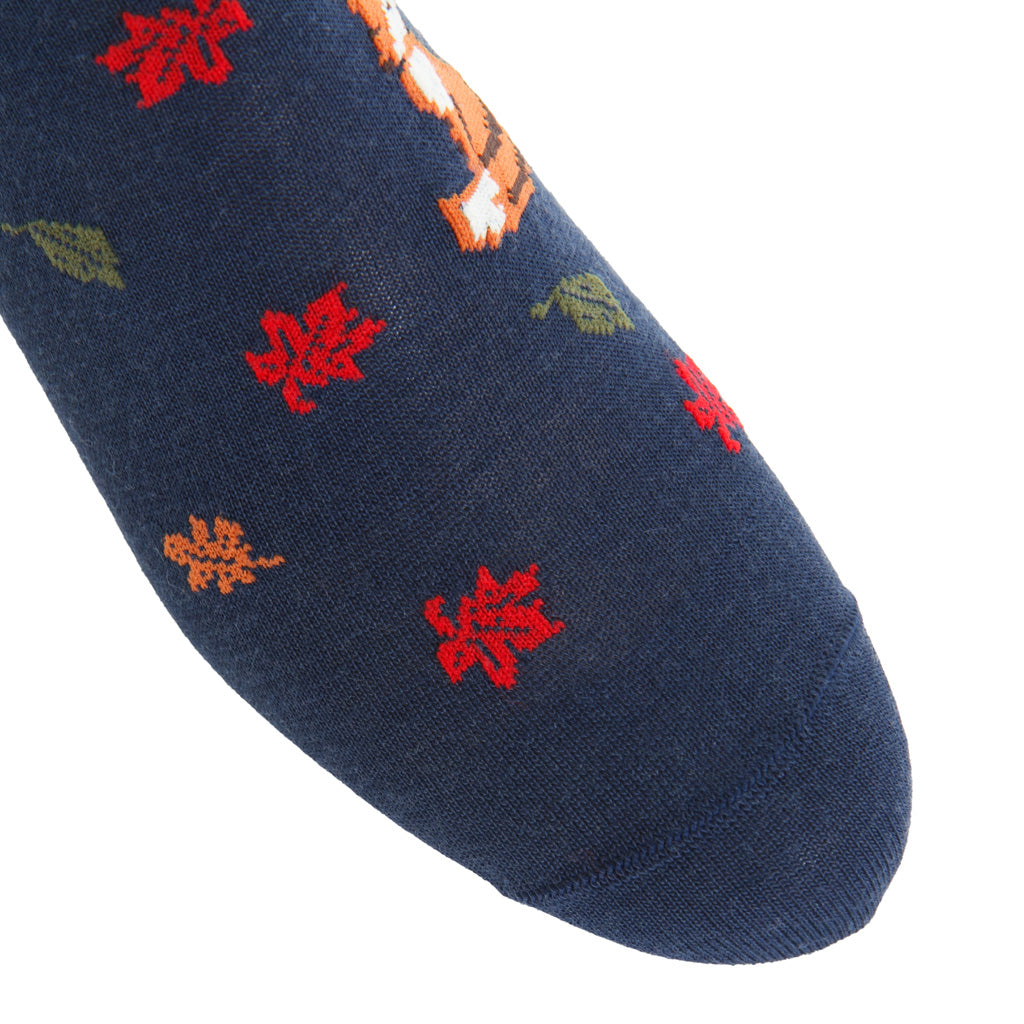 Dress Navy with Fox &amp; Falling Leaves Fine Merino Wool Mid-Calf Sock