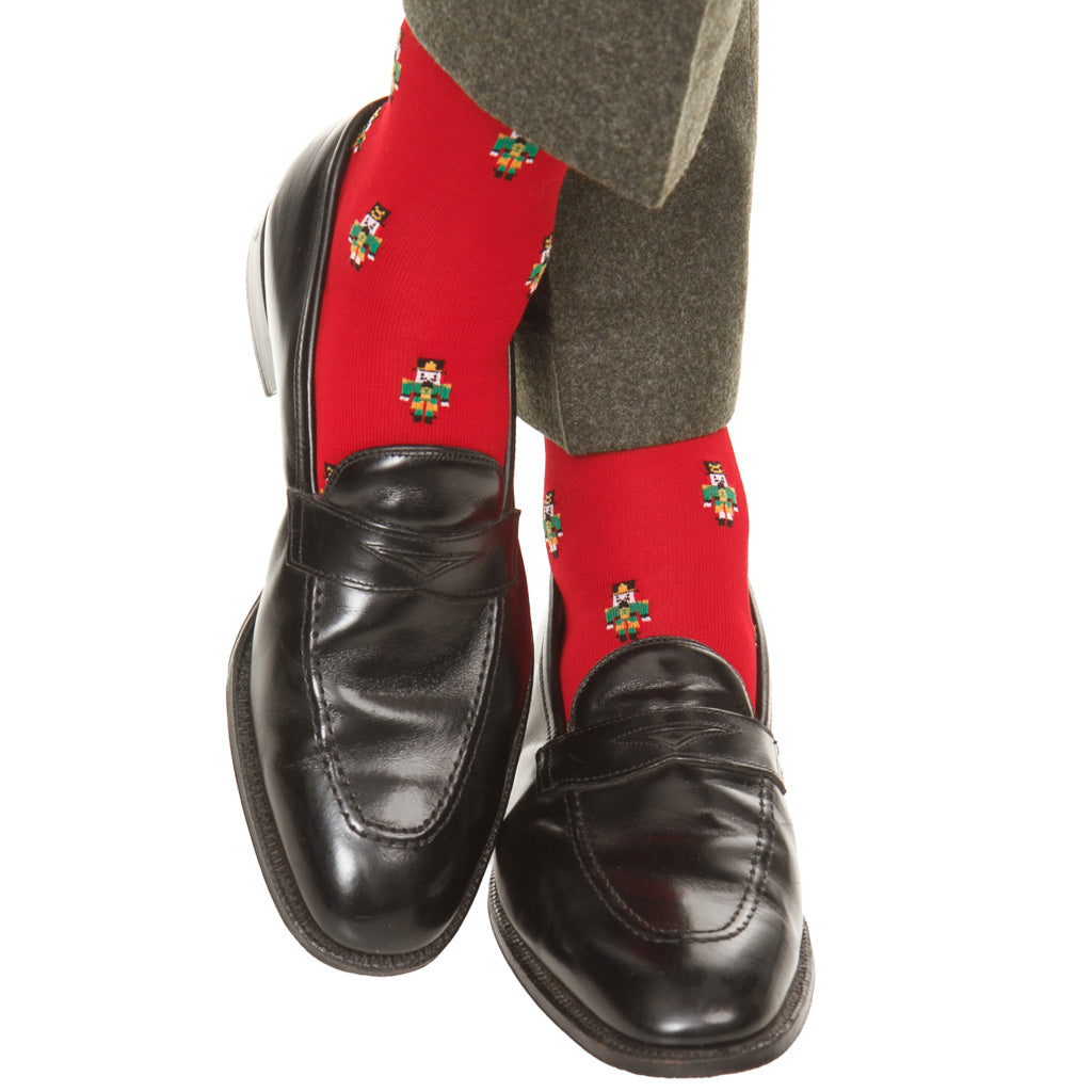 Red with Green &amp; Gold Nutcracker Cotton Mid-Calf Sock