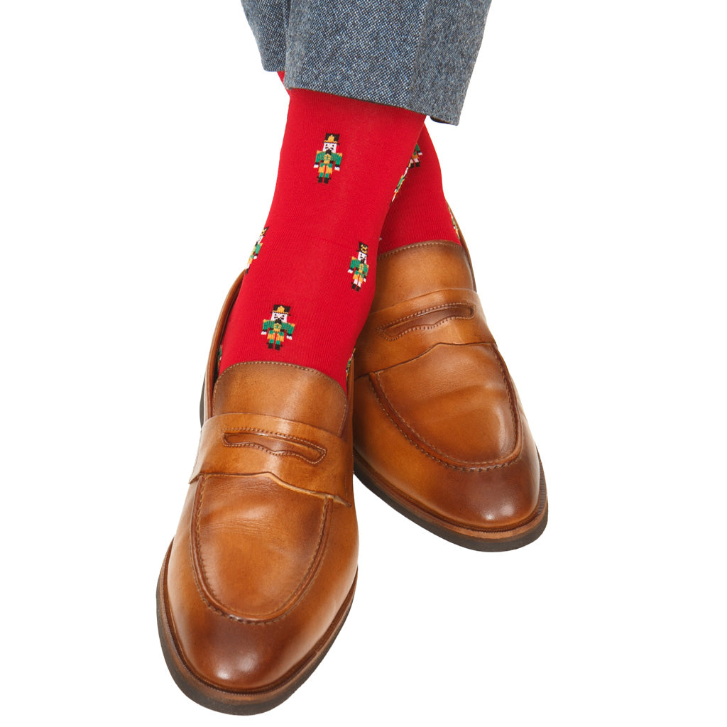 Red with Green &amp; Gold Nutcracker Cotton Over-the-Calf Sock