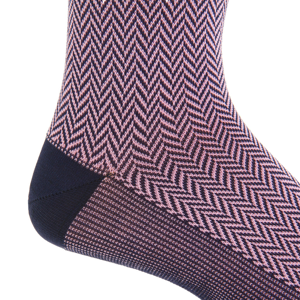 Classic Navy with Pink Herringbone Cotton Over-the-Calf Sock
