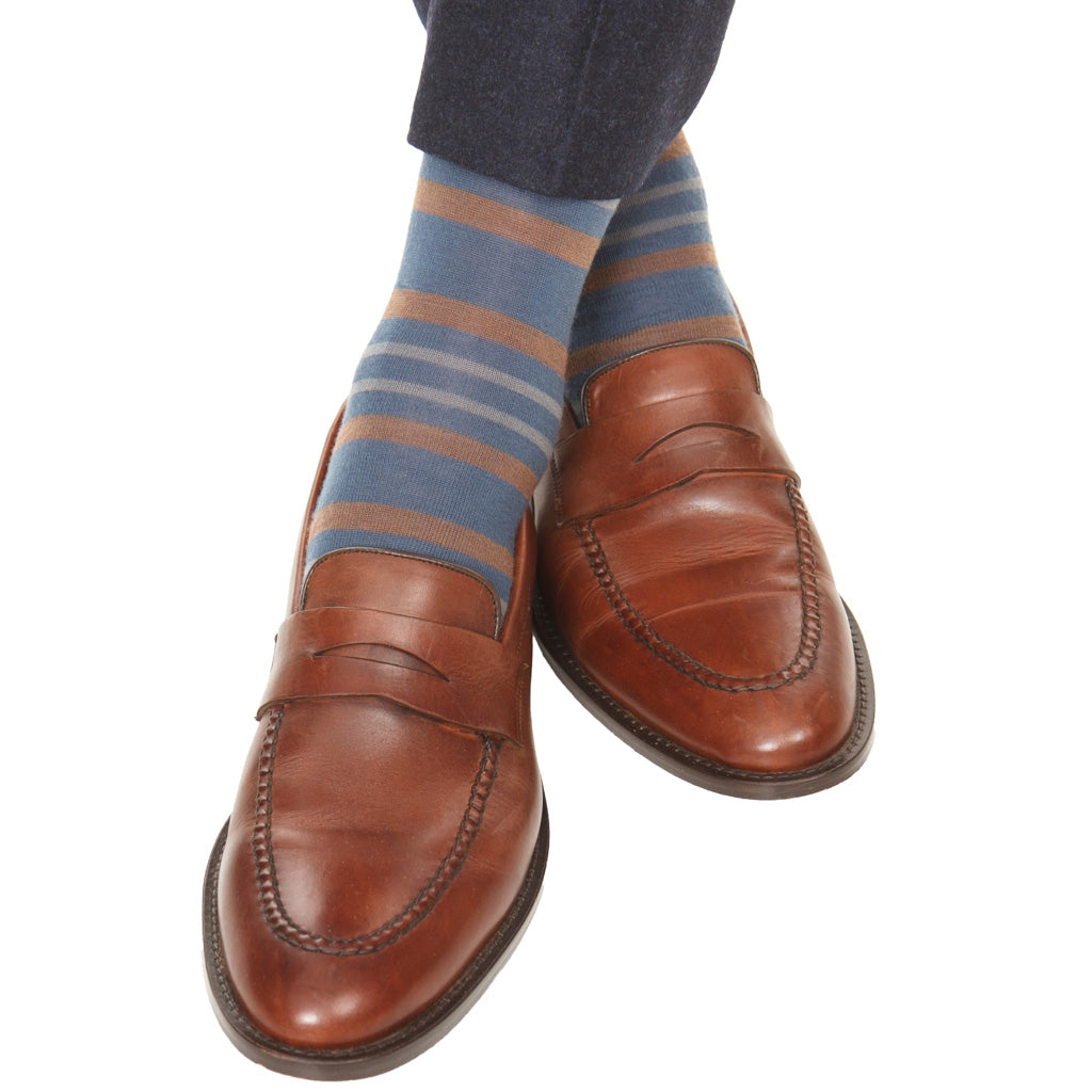 Bay Blue with Mushroom &amp; Mercury Gray Double Stripe Fine Merino Wool Over-the-Calf Sock