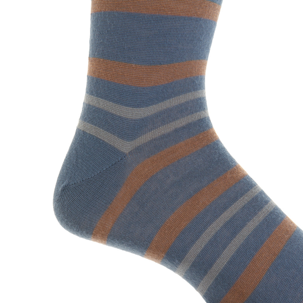Bay Blue with Mushroom &amp; Mercury Gray Double Stripe Fine Merino Wool Over-the-Calf Sock