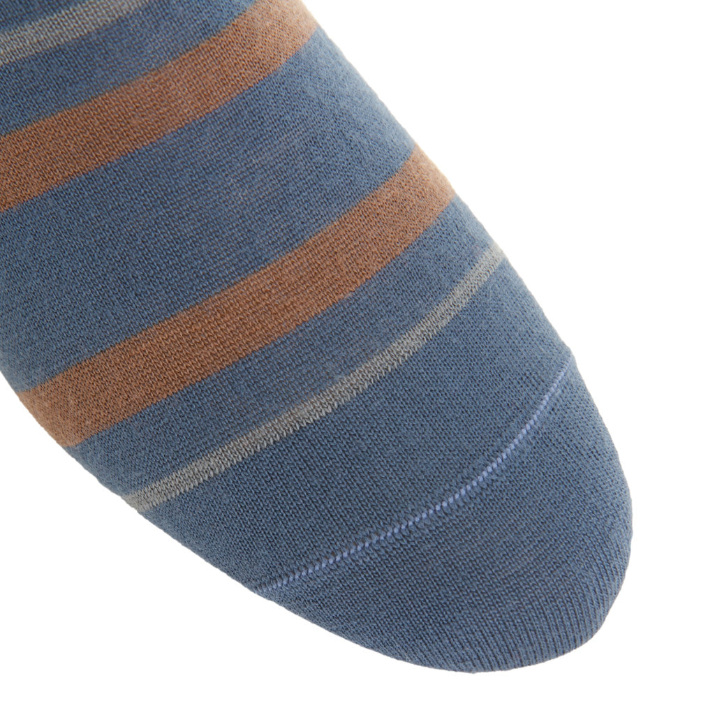 Bay Blue with Mushroom &amp; Mercury Gray Double Stripe Fine Merino Wool Over-the-Calf Sock