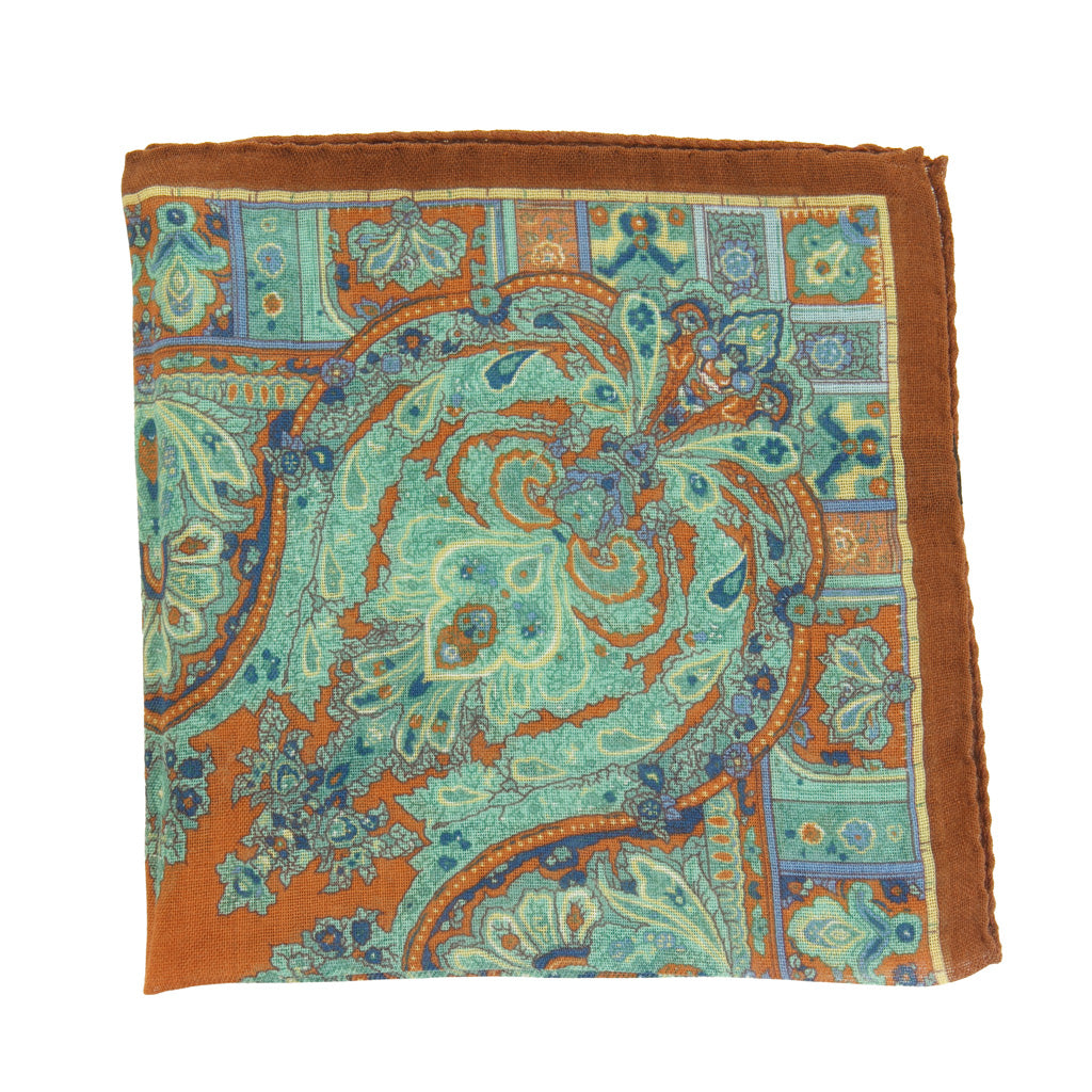 Seafoam &amp; Bay Blue Paisley with Rust Border Pocket Square