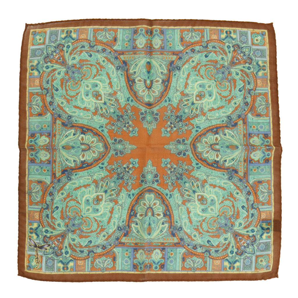 Seafoam &amp; Bay Blue Paisley with Rust Border Pocket Square