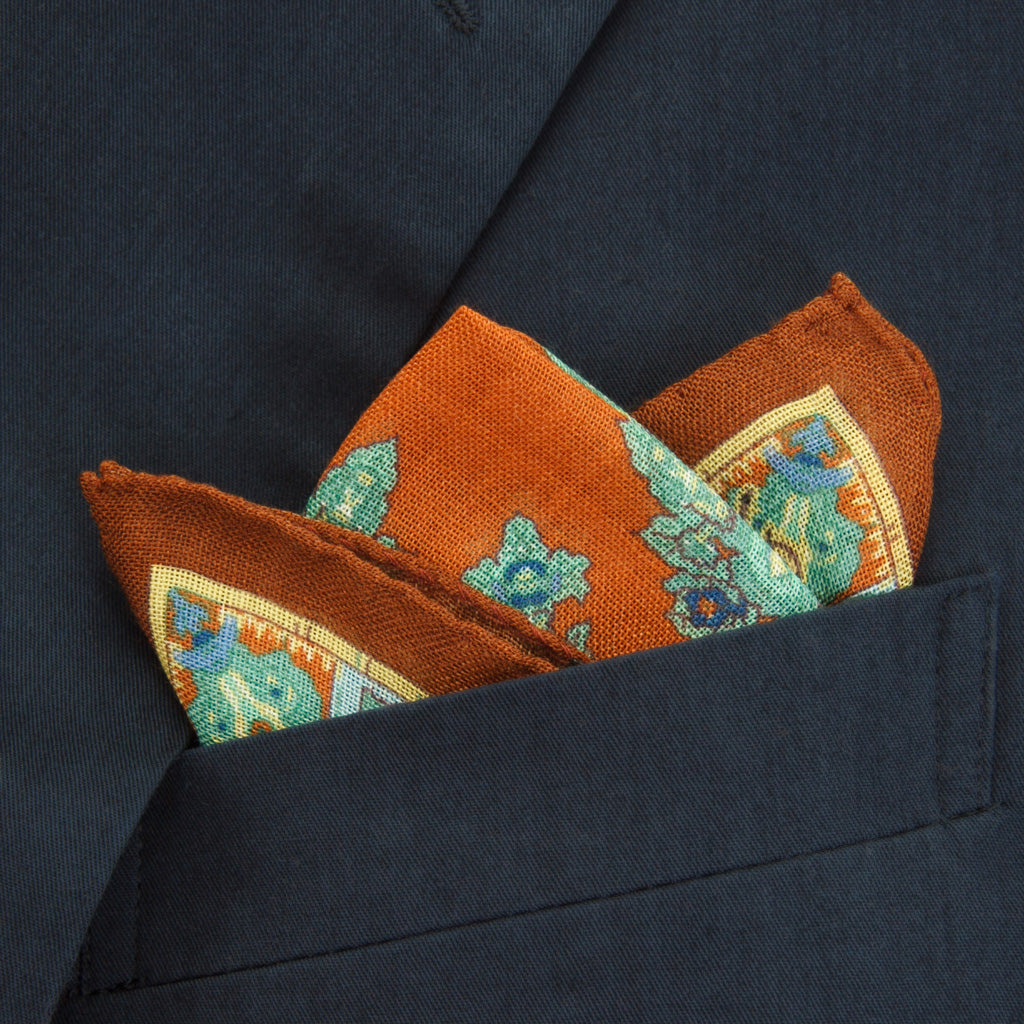 Seafoam &amp; Bay Blue Paisley with Rust Border Pocket Square