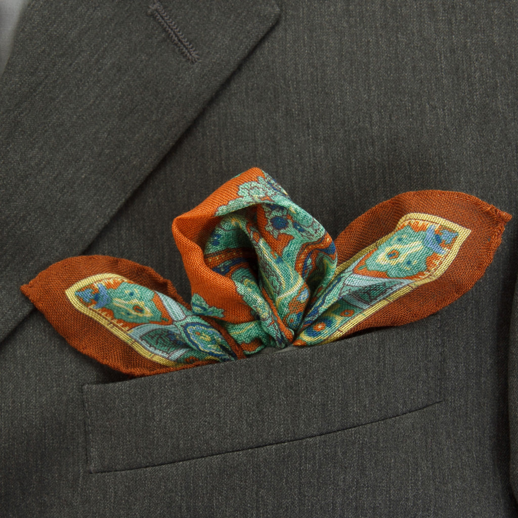 Seafoam &amp; Bay Blue Paisley with Rust Border Pocket Square