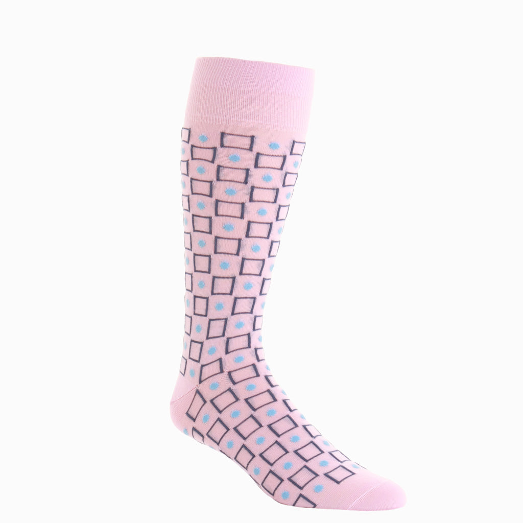 Pink with Bay Blue and Sky Blue Square and Dot Fine Merino Wool Over-the-Calf Sock