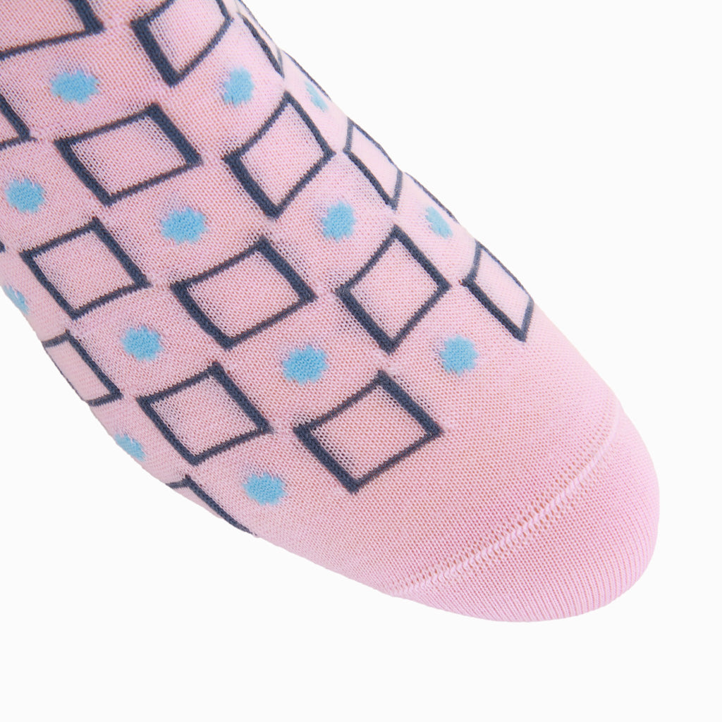 Pink with Bay Blue and Sky Blue Square and Dot Fine Merino Wool Over-the-Calf Sock